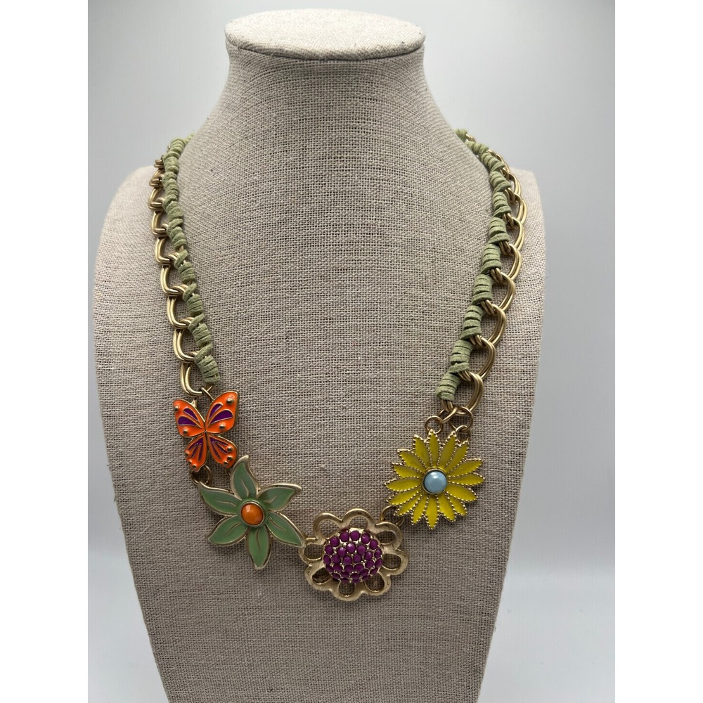 Lia Sophia Boho Flower Butterfly Necklace Enamel Gold Tone Cottagecore 18"